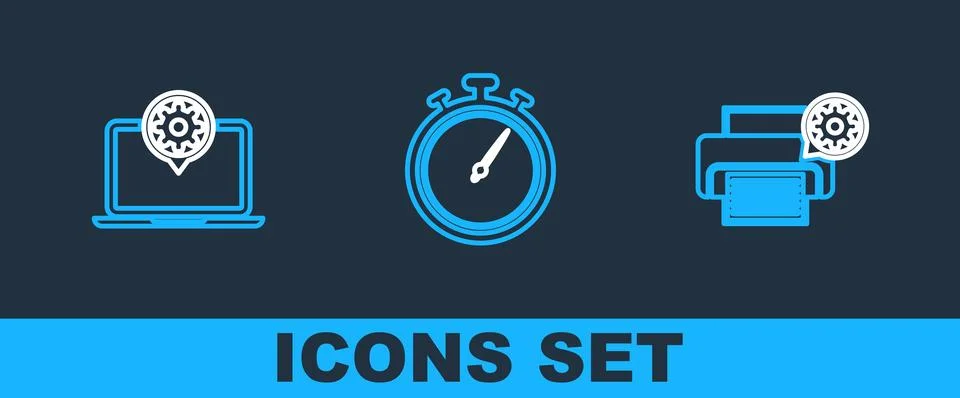 Set line Printer setting, Laptop and Stopwatch icon. Vector Stock Illustration