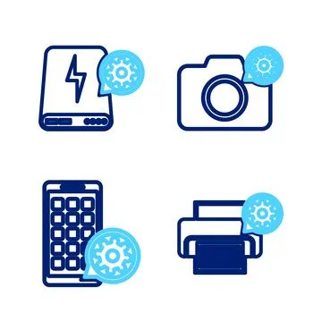 Set line Printer setting, Mobile Apps, Photo camera and Power bank icon. Vect Stock Illustration