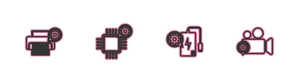Set line Printer setting, Power bank, Processor and Video camera icon. Vector Stockillustratie