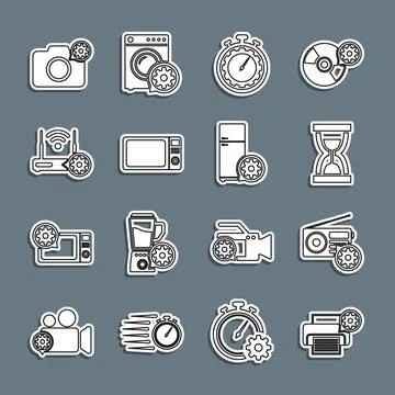 Set line Printer setting, Radio, Old hourglass with sand, Time management, .. Stock Illustration