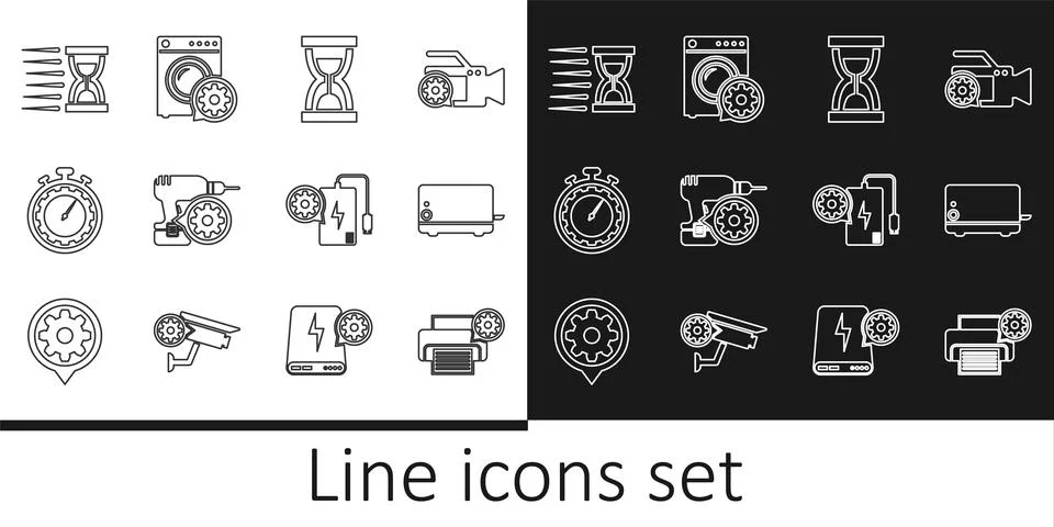 Set line Printer setting, Toaster, Old hourglass with sand, Drill machine, Time Stock Illustration