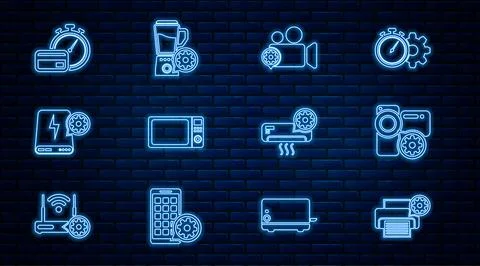 Set line Printer setting, Video camera, Microwave oven, Power bank, Fast pa.. Illustrazione stock