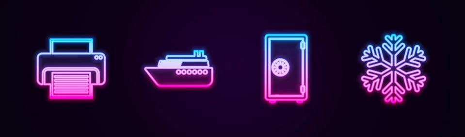 Set line Printer, Ship, Safe and Snowflake. Glowing neon icon. Vector Stock Illustration