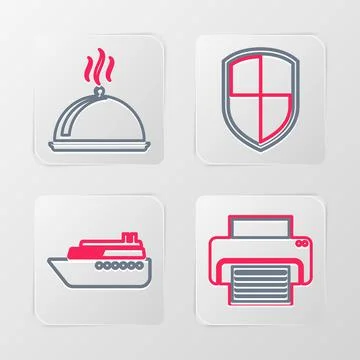 Set line Printer, Ship, Shield and Covered with tray of food icon. Vector Stock Illustration