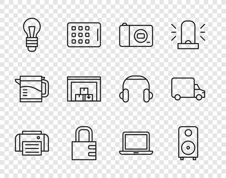 Set line Printer, Stereo speaker, Photo camera, Safe combination lock, Ligh.. Stock Illustration