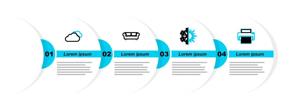 Set line Printer, Sun and snowflake, Sofa and Cloud icon. Vector Stock Illustration