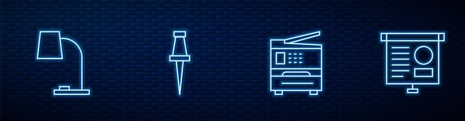 Set line Printer, Table lamp, Push pin and Chalkboard with diagram. Glowing neon Stock Illustration