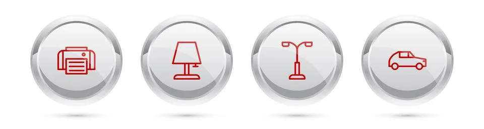 Set line Printer, Table lamp, Street light and Car. Silver circle button. Vector Stock Illustration