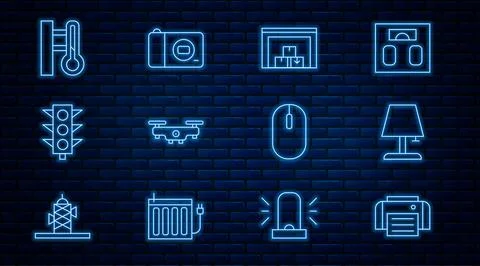Set line Printer, Table lamp, Warehouse, Drone flying, Traffic light Stock Illustration