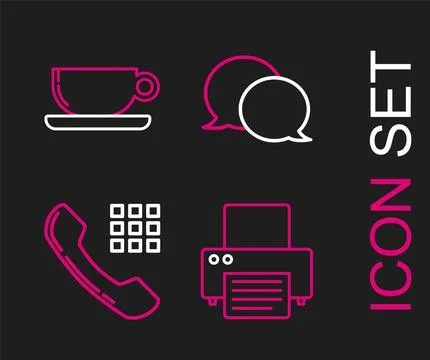 Set line Printer, Telephone handset, Speech bubble chat and Coffee cup flat.. Stock Illustration
