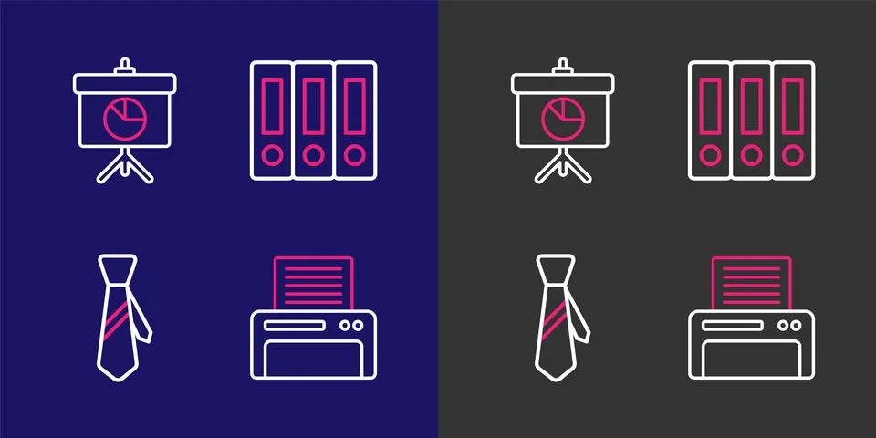 Set line Printer, Tie, Office folders and Chalkboard with diagram icon. Vecto Stock Illustration