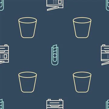 Set line Printer, Trash can and Stationery knife on seamless pattern. Vector Stock Illustration