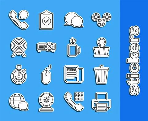 Set line Printer, Trash can, Binder clip, Speech bubble chat, Presentation Stock Illustration