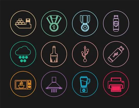 Set line Printer, USB flash drive, Medal with star, Paint brush, Cloud snow Stock Illustration