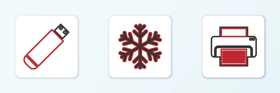Set line Printer, USB flash drive and Snowflake icon. Vector 库存插图