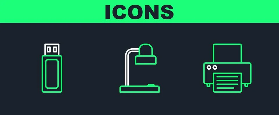 Set line Printer, USB flash drive and Table lamp icon. Vector Stock Illustration