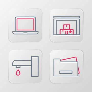 Set line Printer, Water tap, Warehouse and Laptop icon. Vector Stock Illustration