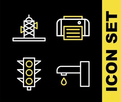 Set line Printer, Water tap, Traffic light and Antenna icon. Vector Illustration