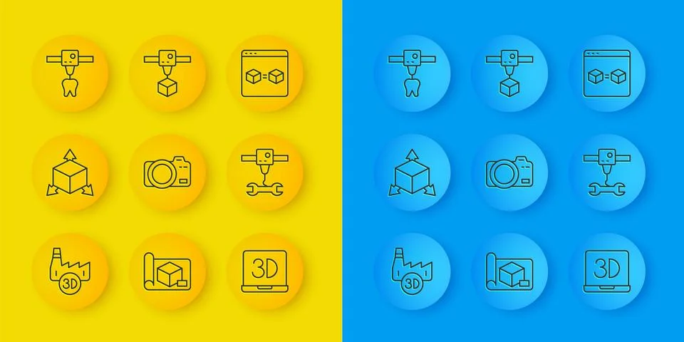 Set line Printing house industry, Isometric cube, Photo camera, 3D printer,.. Stock Illustration