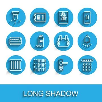Set line Prison window, Binary code, Motion sensor, Door handle, Password pro Stock Illustration