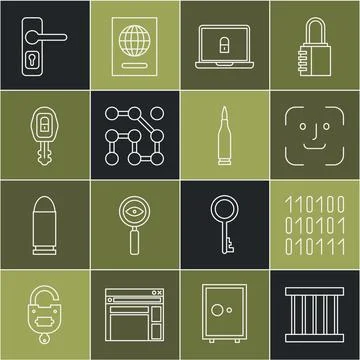 Set line Prison window, Binary code, Face recognition, Laptop and lock, Gra.. Stockillustratie