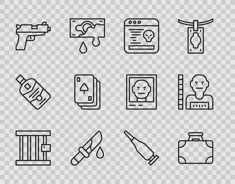 Set line Prison window, Briefcase and money, System bug, Bloody knife, Pistol or Stock Illustration
