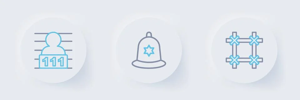 Set line Prison window, British police helmet and Suspect criminal icon. Vect Illustration
