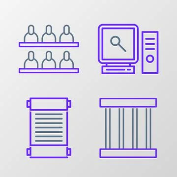 Set line Prison window, Decree, paper, parchment, scroll, Search computer scr Stock Illustration