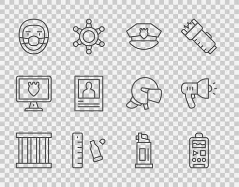 Set line Prison window, Dictaphone, Police cap with cockade, Bullet casing ruler Stock Illustration
