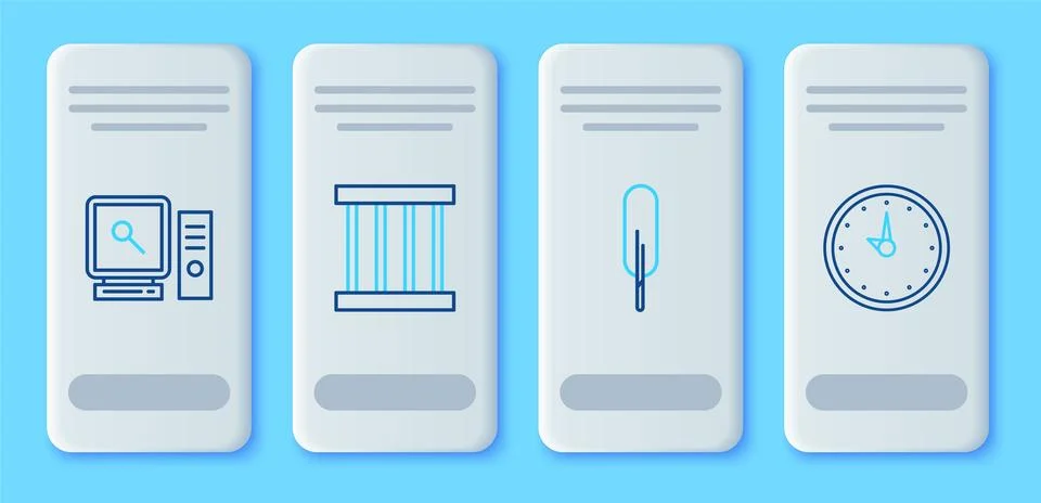 Set line Prison window, Feather pen, Search computer screen and Clock icon... Stock-Illustration