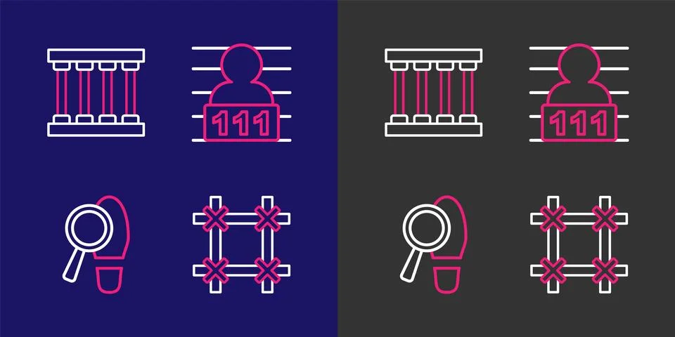 Set line Prison window, Footsteps, Suspect criminal and  icon. Vector Stock Illustration