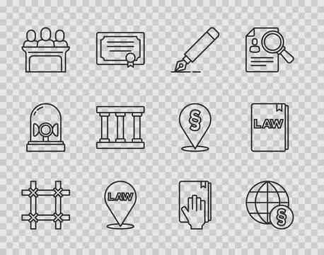 Set line Prison window, International law, Fountain pen nib, Location, Juro.. Stock Illustration
