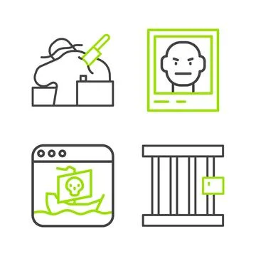 Set line Prison window, Internet piracy, Wanted poster and Murder icon. Vecto Stock Illustration