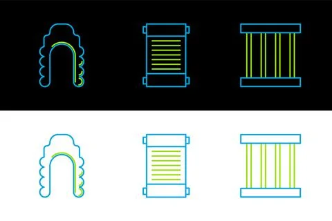 Set line Prison window, Judge wig and Decree, paper, parchment, scroll icon.. Иллюстрация