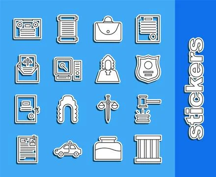 Set line Prison window, Judge gavel, Police badge, Briefcase, Search comput.. Stock Illustration