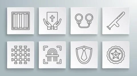 Set line Prison window, Oath the Holy Bible, Fingerprint, Tie, Police badge Stock Illustration