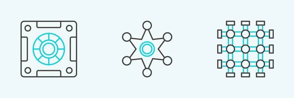Set line Prison window, Safe and Hexagram sheriff icon. Vector Stock Illustration