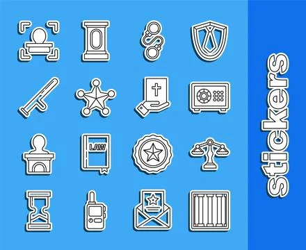 Set line Prison window, Scales of justice, Safe, Handcuffs, Hexagram sherif.. Stock Illustration