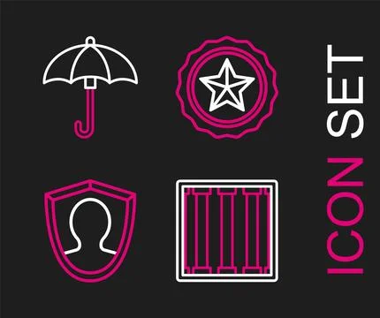 Set line Prison window, User protection, Police badge and Umbrella icon. Vect Stock Illustration