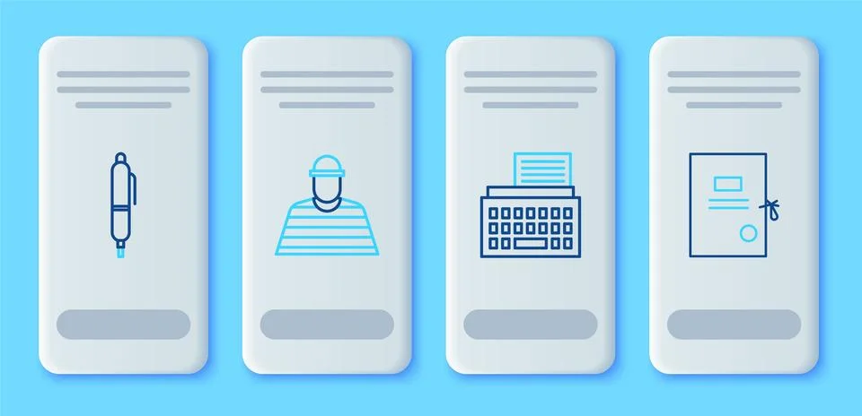 Set line Prisoner, Retro typewriter, Pen and Lawsuit paper icon. Vector Stock Illustration