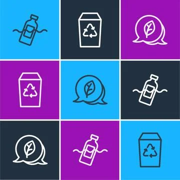 Set line The problem of pollution, Leaf Eco symbol and Recycle bin icon. Vect Stock Illustration