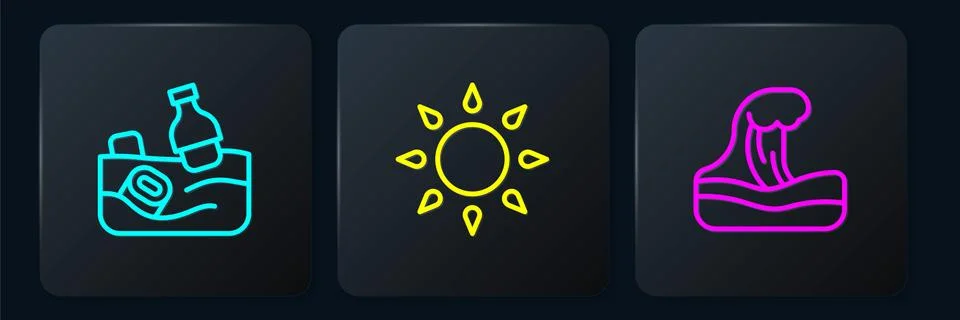 Set line Problem pollution of the ocean, Tsunami and Sun. Black square button Illustrazione stock