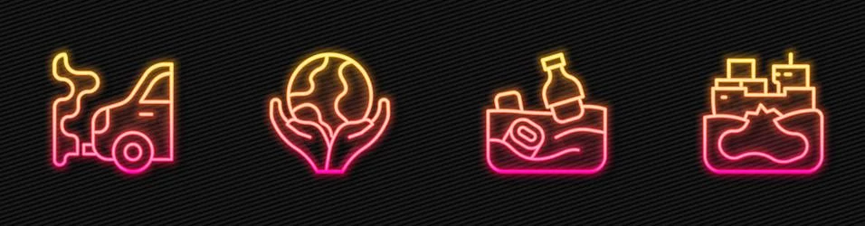 Set line Problem pollution of the ocean, Car exhaust, Hand holding Earth globe Stock Illustration