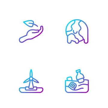 Set line Problem pollution of the ocean, Wind turbine, Sprout hand and Global Stock Illustration