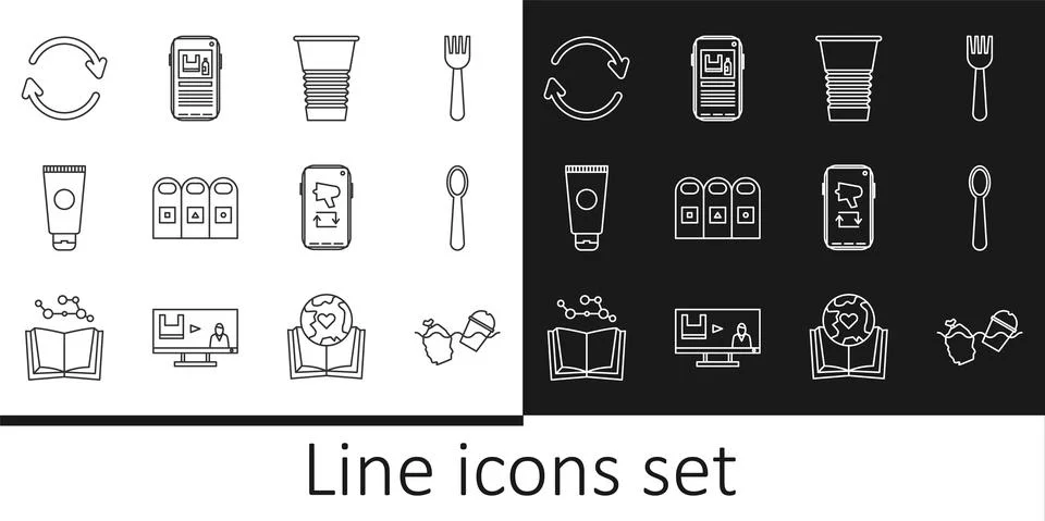 Set line Problem pollution of the ocean, Disposable plastic spoon, Paper glass Illustrazione stock