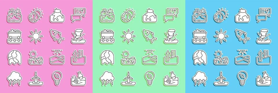Set line Problem pollution of the ocean, Rise in water level, Tornado, Defo.. Illustrazione stock