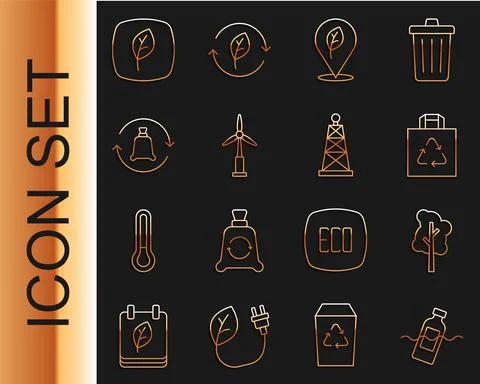 Set line The problem of pollution, Tree, Shopping bag with recycle, Location Stock Illustration