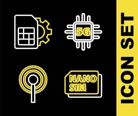 Set line Processor 5G, Nano Sim Card, Antenna and card setting icon. Vector Stock Illustration