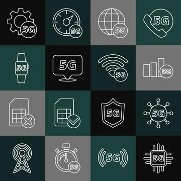 Set line Processor 5G, network, Location, Smart watch, Setting and icon. Vector Stock Illustration