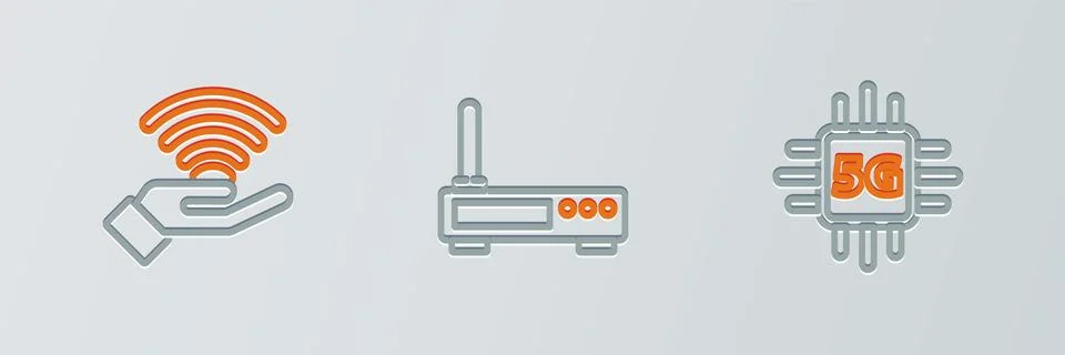 Set line Processor 5G, network and Router and wi-fi signal icon. Vector Stock Illustration